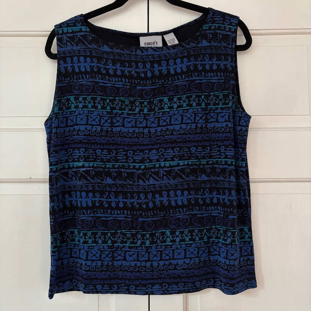 Chico's Travelers Size 3 Blue Teal Tribal Patterned‎ Women's Tank Top Chicos XL